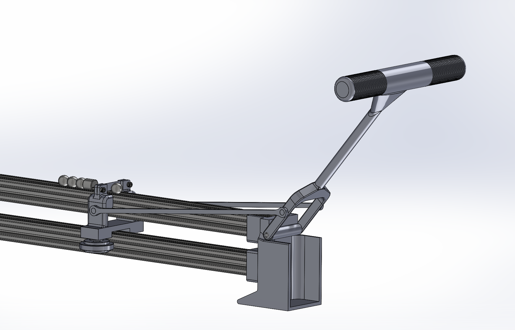 Current lever reset design with a wheeled carriage, two-level track, and spring-steel plate attachment
